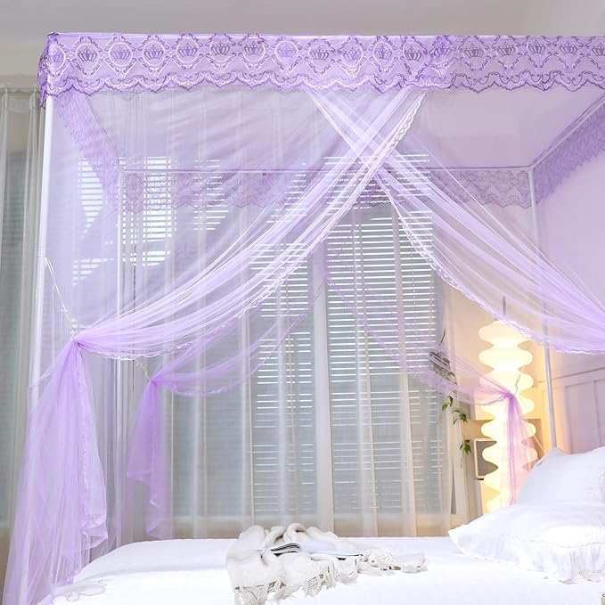 Bed Canopy, Princess Bed Curtain Net for Girls & Adults，Three-Doors Rectangle Lace Dome Netting (Purple, Queen)