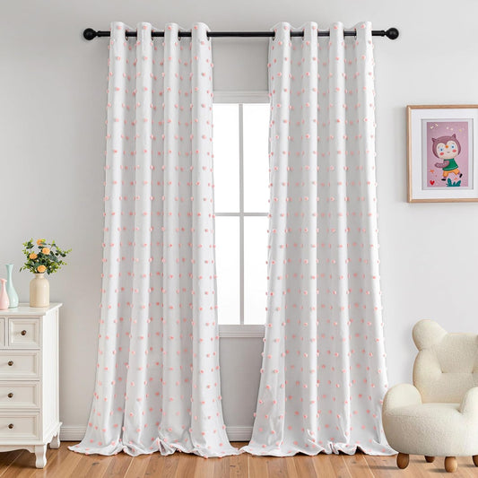 MYSKY HOME 100% Blackout Curtains for Girls Bedroom 95 Inch Long Total Light Blocking Curtains for Living Room 2 Panels Grommet Sliding Door Room Darkening Drapes with Pink Pom Pom Sheer 52 x 95 Inch