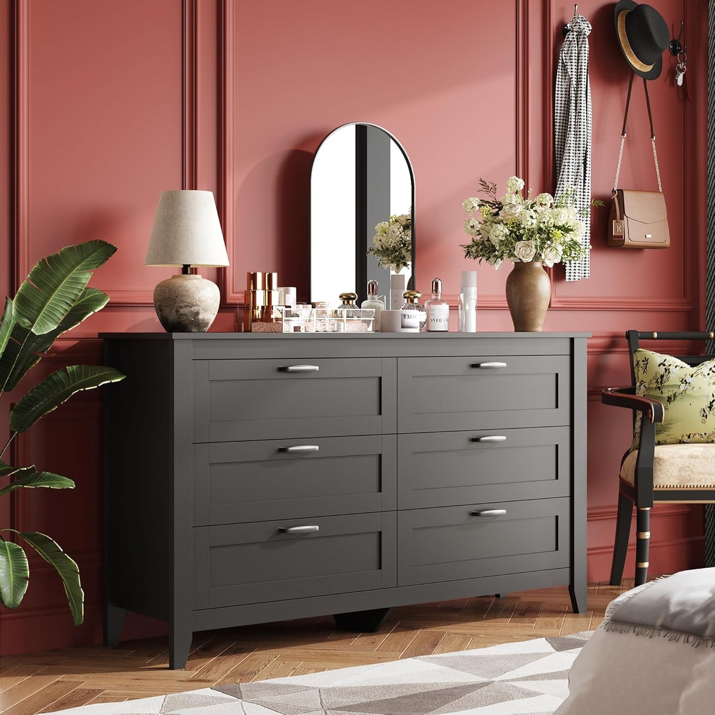 WLIVE Black Dresser for Bedroom, 6 Drawer Wood Dresser with Metal Handle, Large Double Wooden Chest of Drawers for Living Room, Hallway, Closet