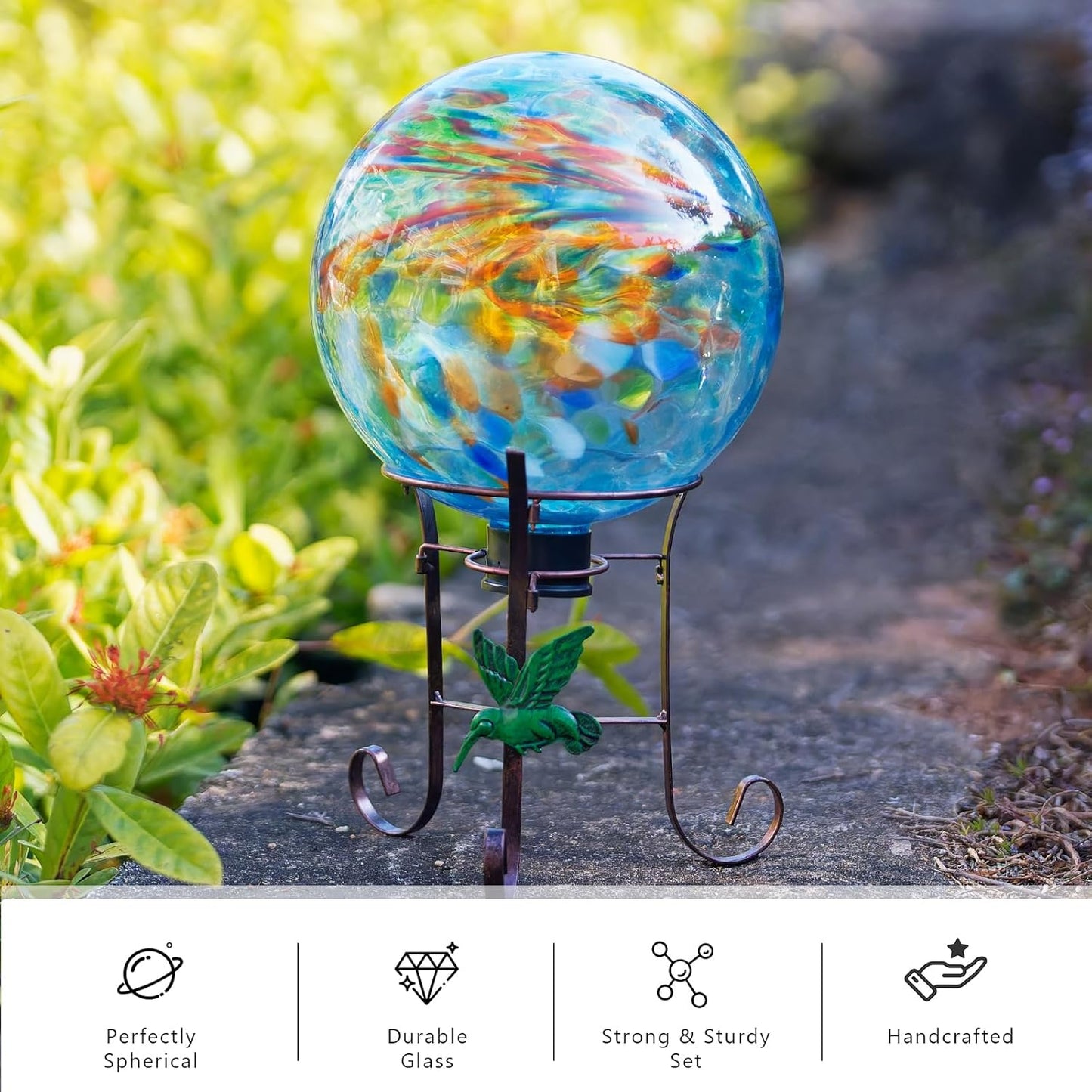 10 Inch Glass Gazing Ball, with 9.4" Tall Metal Gazing Globe Stand, Glass Balls Display Holder Set for Outdoor Garden Lawn Yard Decoration, Blue Artistic