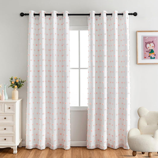 MYSKY HOME 100% Blackout Curtains for Girls Bedroom 84 Inch Long Total Light Blocking Curtains for Living Room 2 Panels Room Darkening Grommet Window Drapes with Pink Pom Pom Sheer 52W x 84L