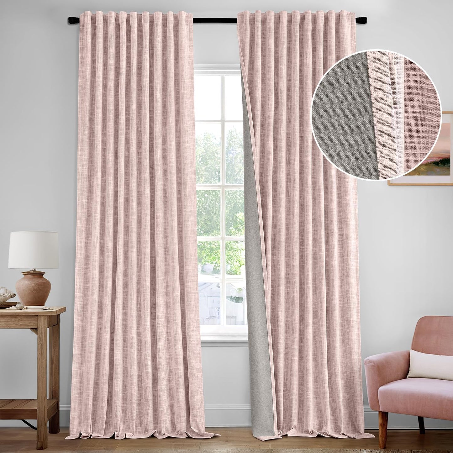 MIULEE Baby Pink 100% Blackout Linen Curtains 84 Inch 2 Panels Set Double Sided No Coating Pleated Back Tab Black Out Long Thermal Insulated Pinch Pleat Bedroom Living Room Darkening Window Drapes