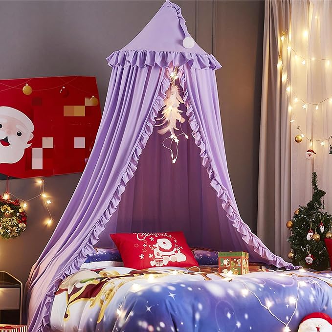 VETHIN Bed Canopy for Girls Kids,Princess Round Dome Children Dreamy Mosquito Net Bedding Girls Room Castle Play Tent Hanging House Decor Reading Nook Canopies (Purple)