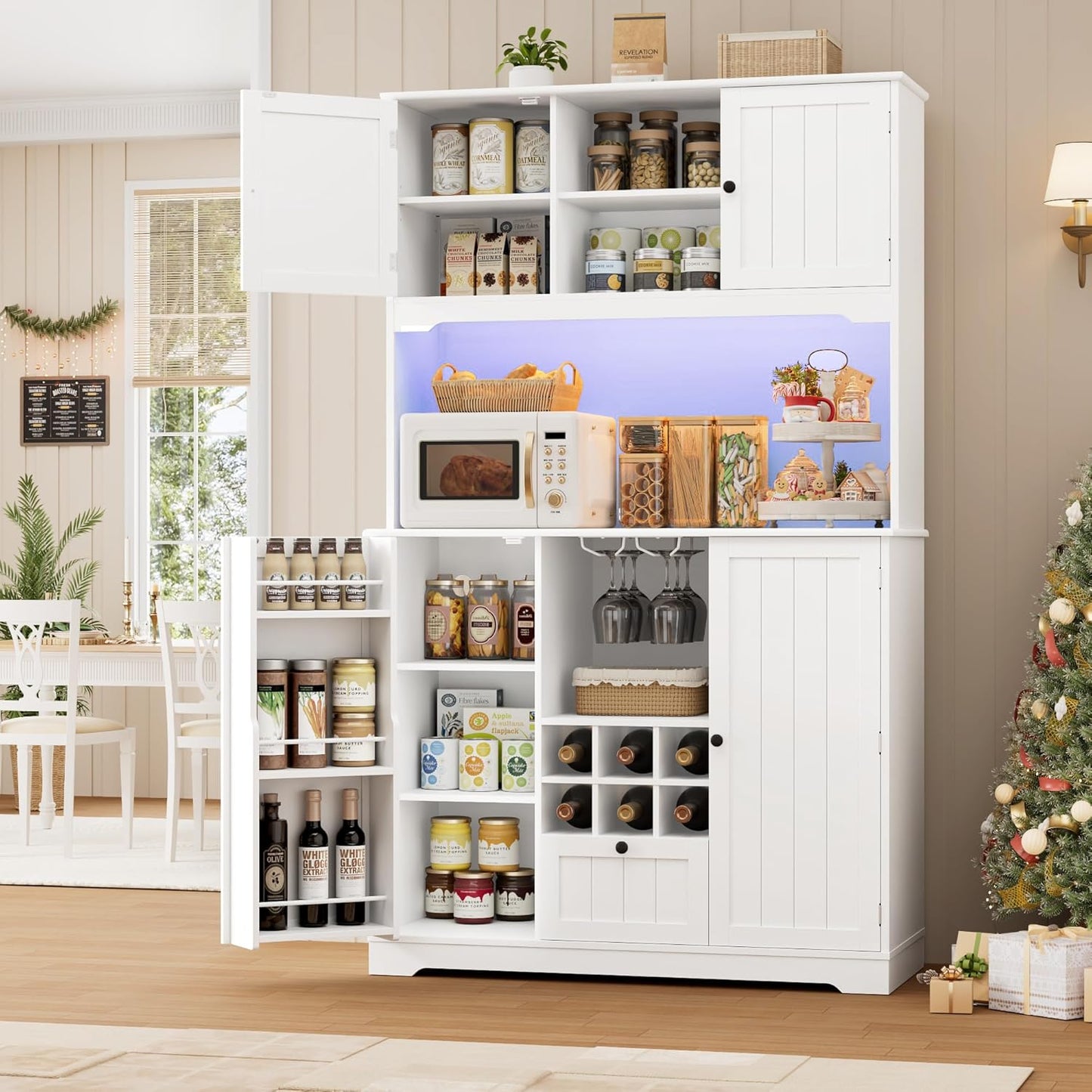 FINETONES 71" Pantry Cabinet with 7-Color LED Light and Charging Station, Kitchen Pantry Cabinet with Microwave Stand, Kitchen Hutch Food Storage Cabinet with Outlet and Wine Racks, White