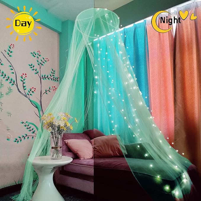 Eimilaly Bed Canopy Mosquito Net with 250pcs Warm White Curtain Lights, Bed Canopy for Girls Room Decor or Theme Party, Green/Warm White Lights