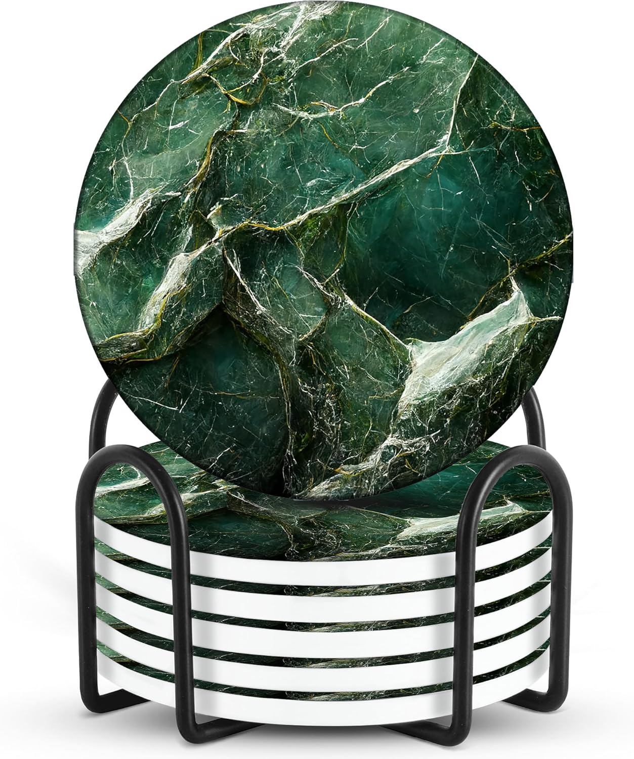 Emerson Coasters for Drinks Absorbent – Dining Table Set of 6 with Holder, 100% Ceramic Wooden Tabletop Protection Marble Style - Non Slip & Cork Bottom - Heavy Duty (Green Marble)