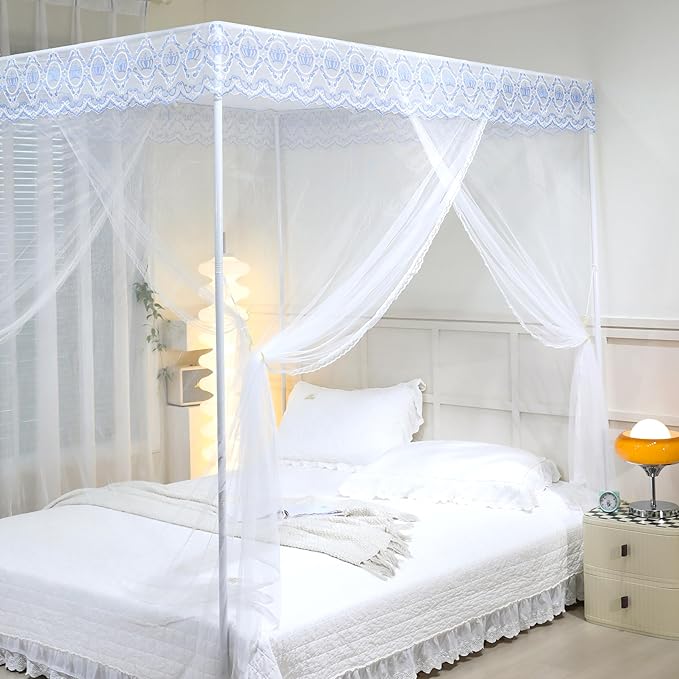 Bed Canopy, Princess Bed Curtain Net for Girls & Adults，Three-Doors Rectangle Lace Dome Netting (White, King)