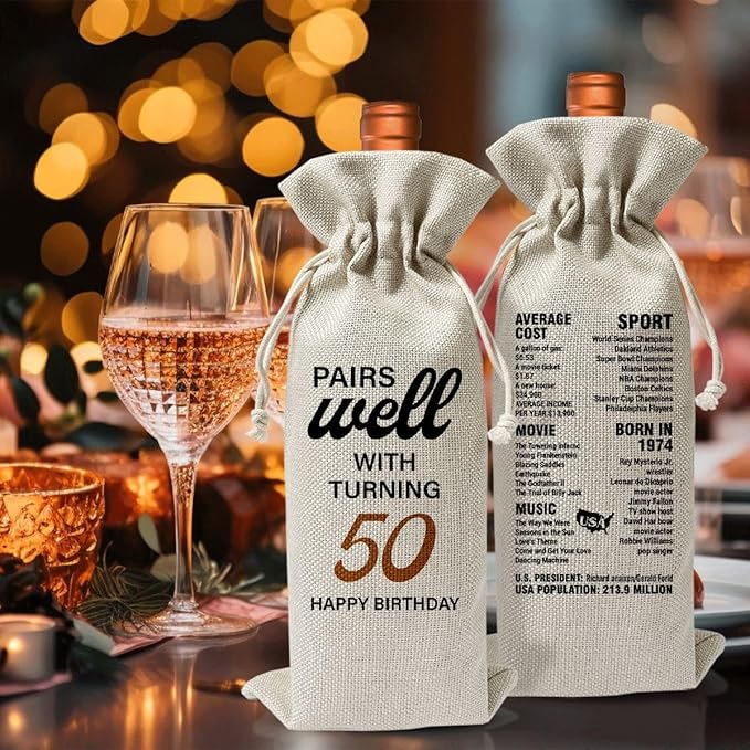 50th Birthday Wine Gift Bag For Best Friend Mom Dad Women Men, 1974 Birthday Idea Gift, 50th Anniversary Wine Bag, 50th Birthday Party Decor, Drawstring Burlap Wine Bottle Bag