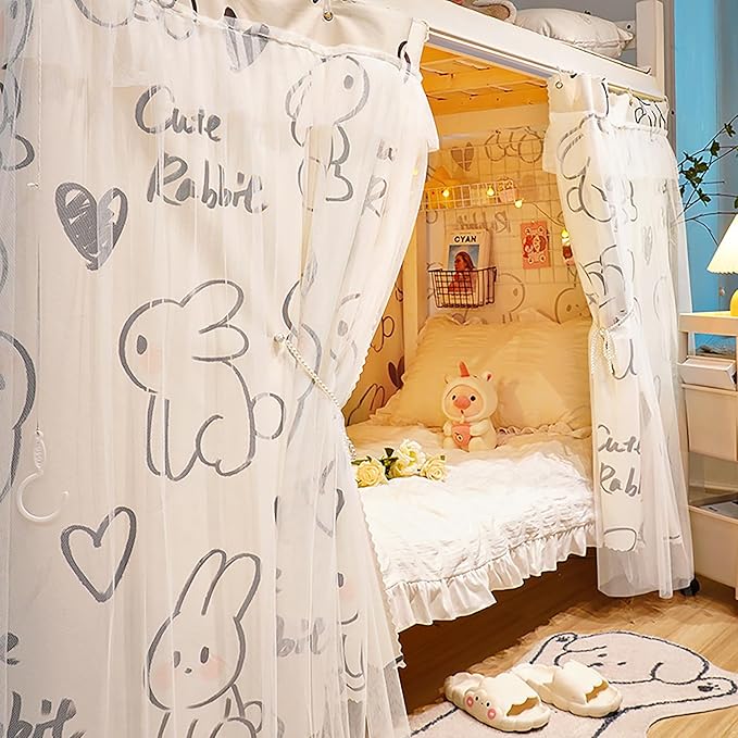 Hoce Bunk Bed Curtain Gauze Bunk Bed Curtains Drapes with Lace Privacy Dorm Bed Canopy for Bottom Twin, 2 Panels