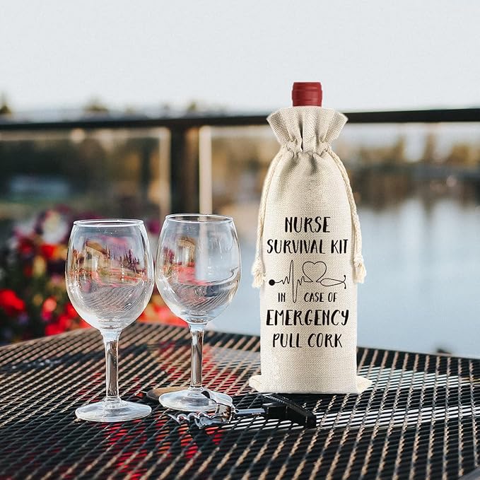 PLIGREAT 4 Pcs Cotton Linen Wine Bags, Reusable Wine Gift Bags with Drawstrings, Wine Bottle Bags Bulk Congrats Gifts Bags for Nurses Thanksgiving Christmas Gifts Bags, Fun Quotes Wine Bag