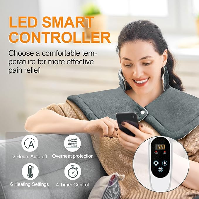 Heating Pad for Neck and Shoulders and Back, Christmas Birthday Gifts for Women Mom Mother, Weighted Neck Heating Pad for Back Pain Relief, Heating Pads Large, 6 Heat Settings 4 Auto-Off,17"x23" Gray