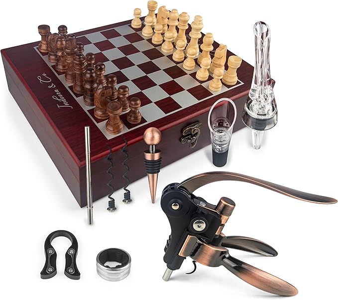Wine Gifts for Men Luxury (Stainless Steel)+ Chess Game (10 in1)| Birthday Gift for Men | Wine Opener and Aerator Set | Professional Wine Opener | Wine Accessory Set | Wine Corkscrew (Wine Red)