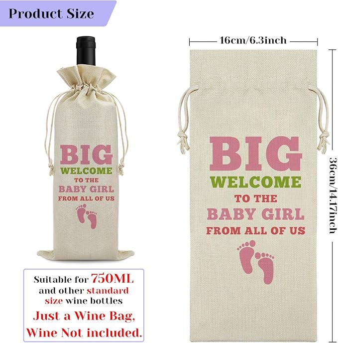 Welcome Baby Girl Wine Bag New Baby Birth Announcement Gift for Grandparents Baby Shower Baby Gender Reveal Party Decors Newborn Baby Girl Gift for Friends Wine Gift Bag Drawstring Wine Wrapping Bag