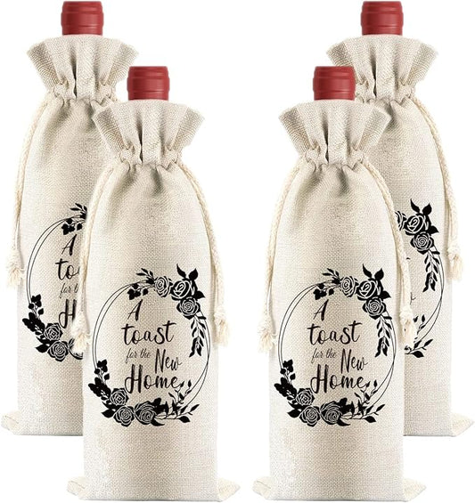 PLIGREAT 4 Pcs Cotton Linen Wine Bags, Reusable Wine Gift Bags with Drawstrings, Wine Bottle Wrap Bags Bulk Congrats Gifts Bags for Housewarming Party Thanksgiving Christmas Gifts Bags