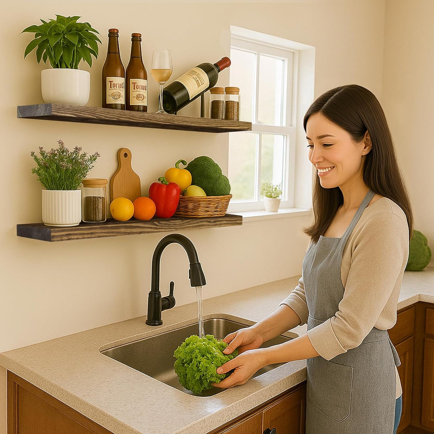 BGMG Floating Shelves for 48 inch Long Set of 2,Wide Rustic Wooden Wall Shelves for Bathroom Living Room Bedroom Kitchen Farmhouse-48x6.7x1.25 inch- Walnut