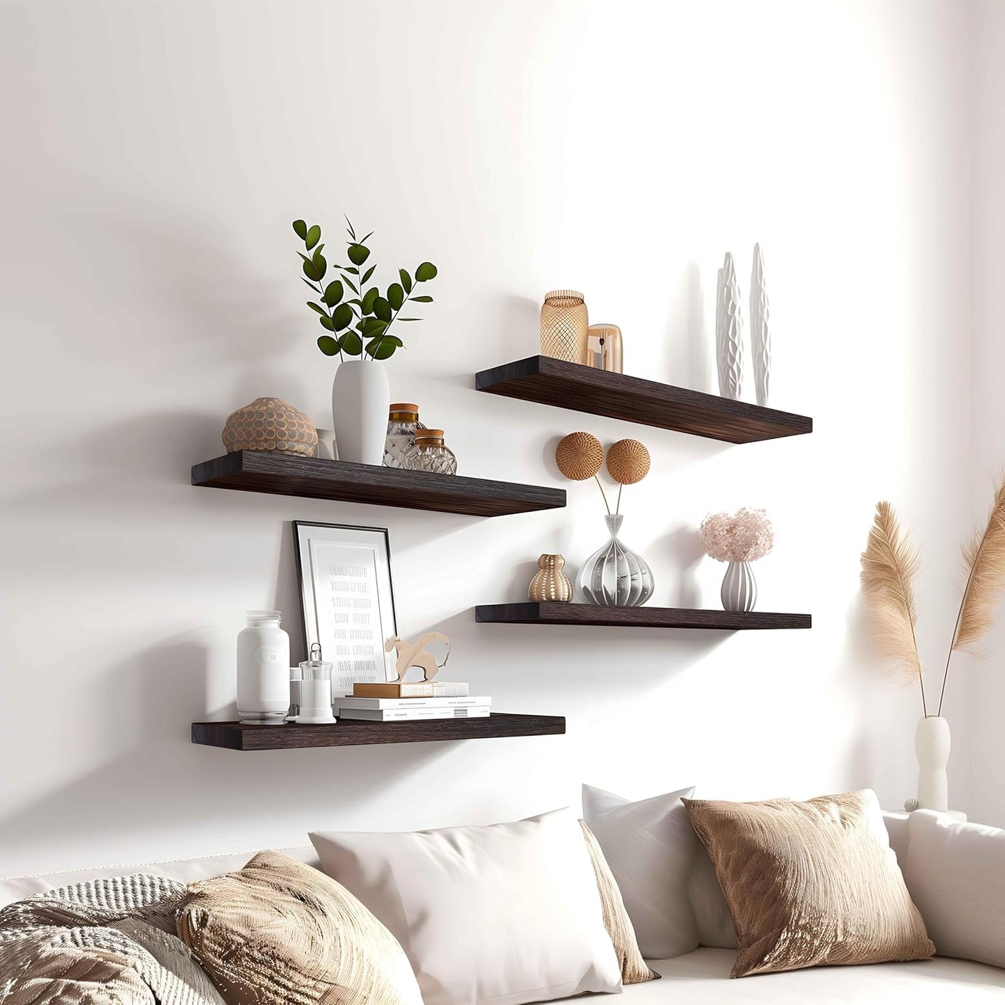 Wood Floating Shelves for Wall Decor, Rustic Wall Shelves for Bedroom Bathroom Kitchen Living Room, Set of 6 Walnut