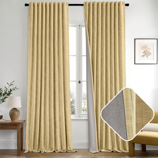 MIULEE Yellow 100% Blackout Linen Curtains 90 Inch 2 Panels Set Double Sided No Coating Pleated Back Tab Black Out Long Thermal Insulated Pinch Pleat Bedroom Living Room Darkening Window Drapes