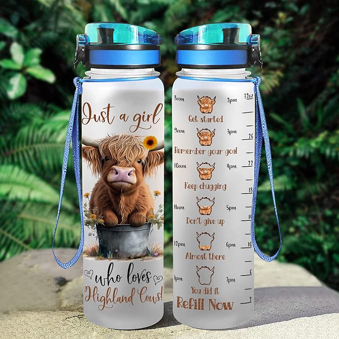 Highland Cow Gifts, Highland Cow Water Bottle 32 oz with Time Marker, Just A Girl Who Loves Cow Tumbler, Cow Gifts for Cow Lovers Women