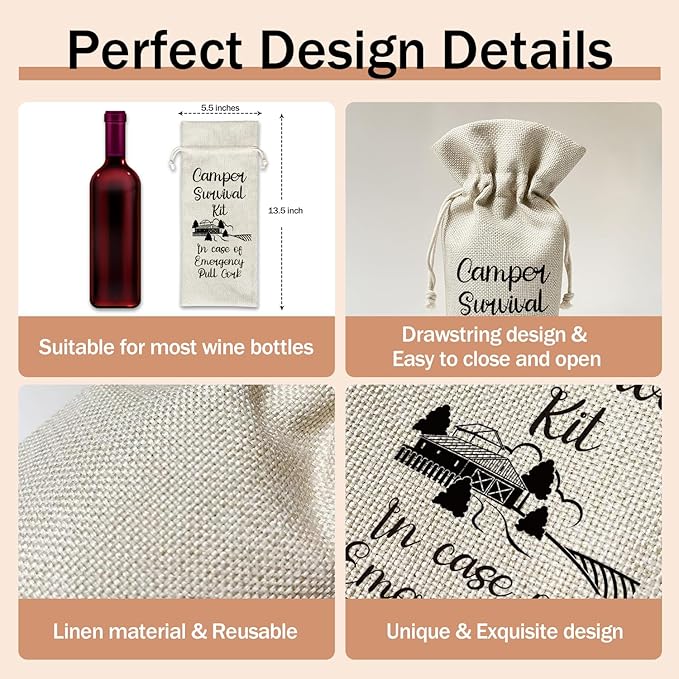 Camper Gift Wine Gift Bag, 1pcs Camper Survival Kit Reusable Burlap Drawstring Wine Gifts Bag for Wine Bottles, Birthday Camping Holiday Party Favor -01