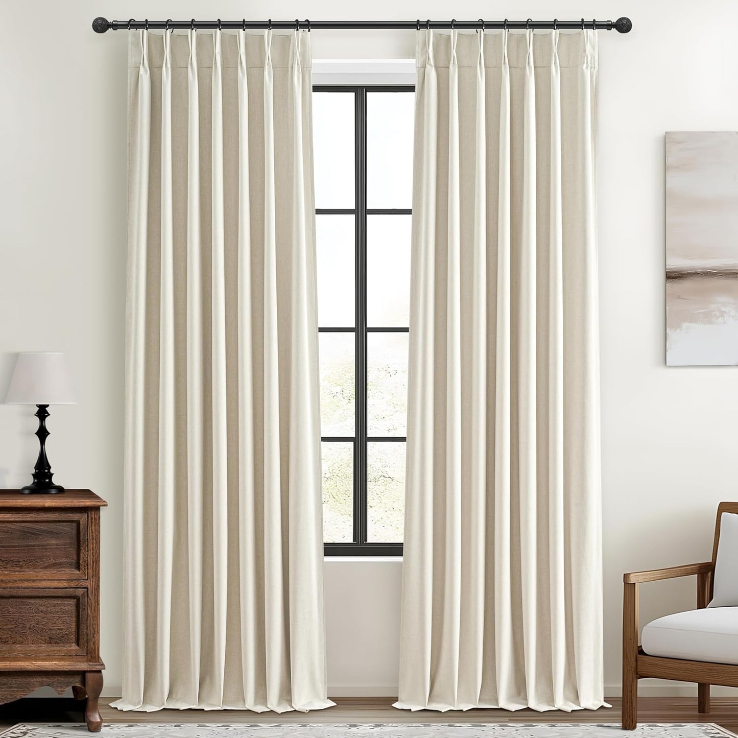 Warm Cream Extra Long Pleated Black Out Curtains 105 Inches Long for Living Room, Natural Linen Blend Patio Door Curtain with Track&Back Tab 2 Panels Set Insulated Privacy Window Drapes (40"Wx105"L）