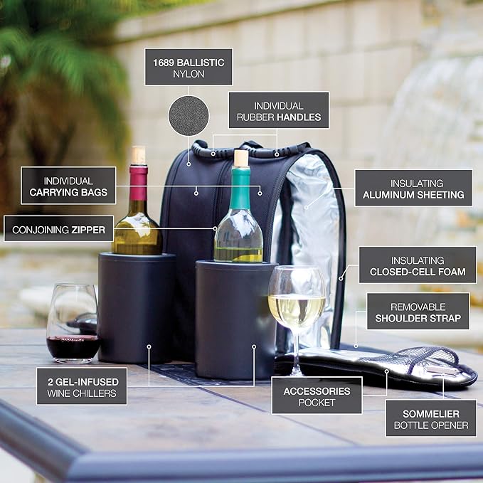 CaddyO Dual Travel Tote with 2 Wine Chillers, adjustable shoulder strap, 6 storage pockets, Sommelier Bottle Opener, 3 layers insulation. Zips apart - becomes two individual totes.