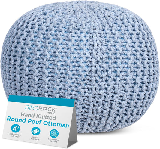 BIRDROCK HOME Round Pouf Ottoman | Cotton Braided Foot Stool with Bean Bag Filling | Boho Foot Rest for Living Room & Bedroom | Compact & Comfortable Seating, Lightweight & Soft | Soft Blue