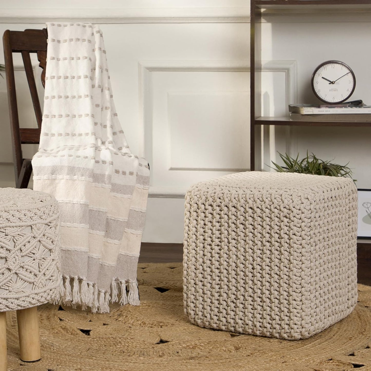 REDEARTH Square Pouf Ottoman Foot Stool - Hand Knitted Bean Bag - Cord Boho Pouffe - Accent Poof for Living Room - Nursery - Bedroom - Kids Bedroom - Patio - 100% Cotton (16" x 16" x 16") - Ivory