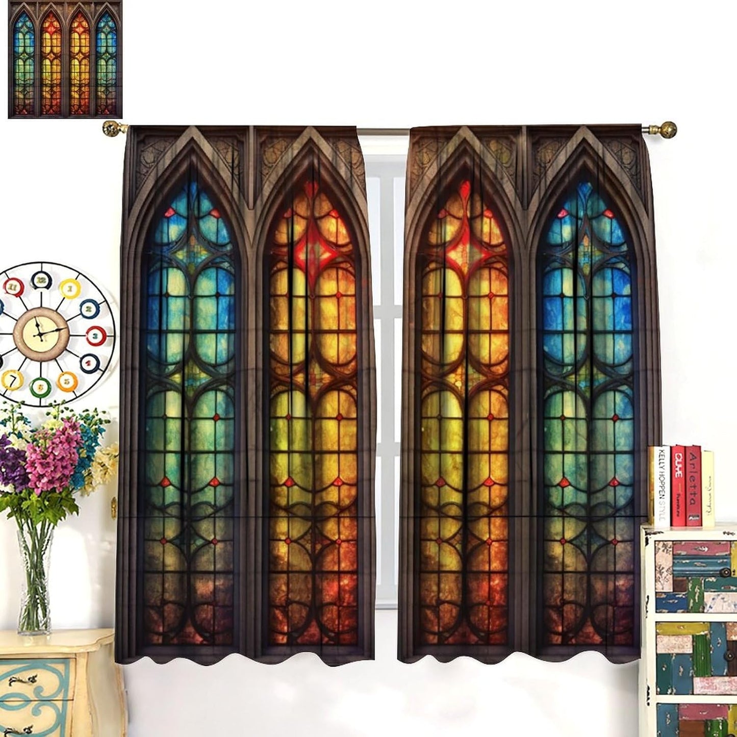 Stained Glass Curtains,Mid Century Vintage Style Abstract Art Home Decor Drapes for Bedroom Living Room Kitchen Window Treatment 2 Panels Set Total Size 72" W X 63" L Inch
