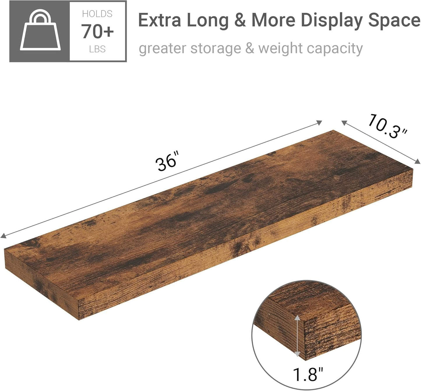 Floating Shelves 10 inches Deep, Long 36 x 10 x 1.8 Wall Shelves for Bedroom, Living Room, Kitchen, Office, Bathroom Farmhouse Shelf Home Decor with Invisible Bracket, Rustic Brown