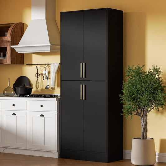 71" Tall Pantry Cabinet, 4 Doors Kitchen Pantry Storage Cabinet, Freestanding Larder Cupboard, Kitchen Hutch with Gold Handles for Dining Room, Bathroom, Black