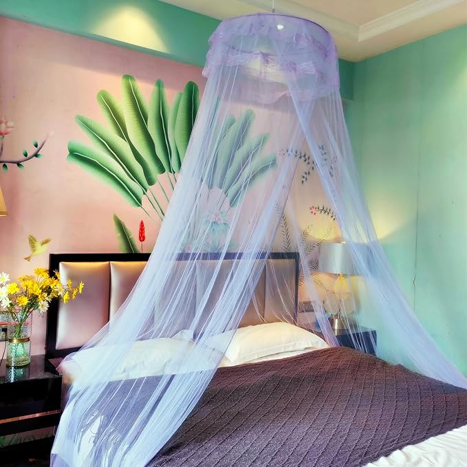 Eimilaly Lace Bed Canopy Mosquito Netting with Warm Lights, Princess Bed Canopy for Girls Room Decor, Blue/Single Door