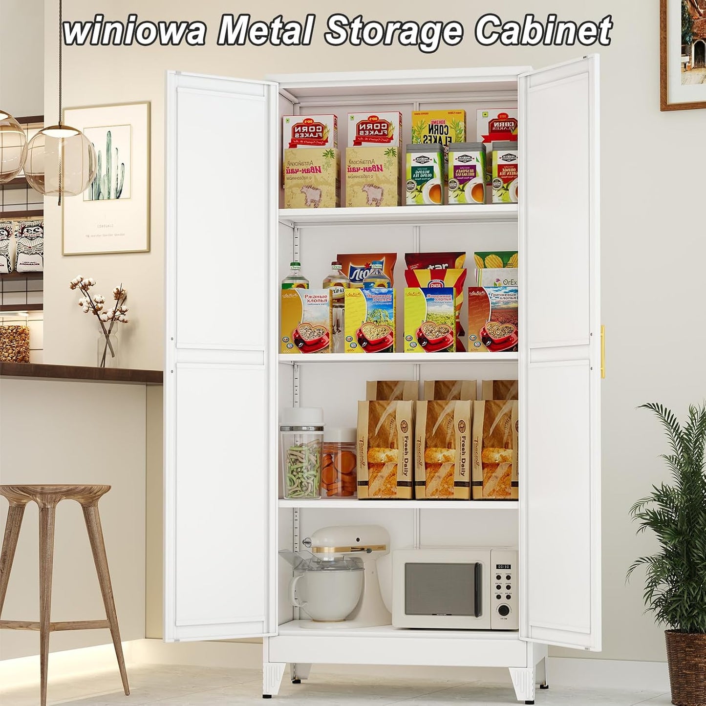 Metal Pantry Cabinet with 2 Doors and Adjustable Shelves - 61" Kitchen Storage Cabinet with Gold Handles - Versatile Storage for Kitchen, Bathroom, Dining Room, Utility Room - White