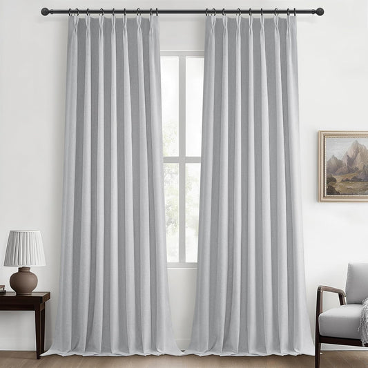 Light Grey Blackout Curtains 108 Inch Long for Living Room, Pinch Pleated Flax Linen Modern Insulated Extra Long Windows Drapes Bedroom Ceiling to Floor Curtain 2 Panels Set (40"Wx108"Lx2 Light Gray)