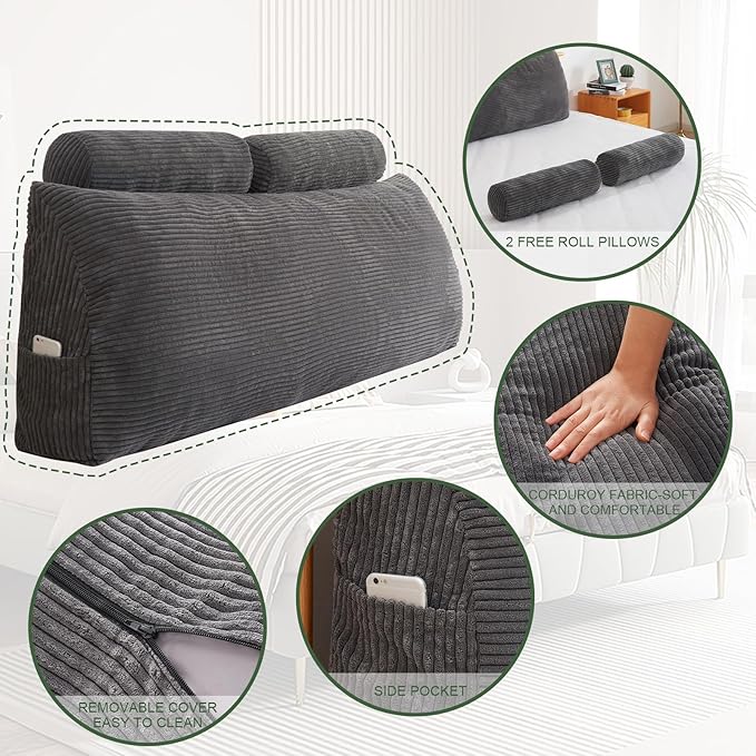 HIGOGOGO Wedge Headboard Pillow, Bed Rest Reading Pillow, Backrest Positioning Support Bolster Cushion with Removable Cover,King Size 76.8X20.4X8.4,Dark Grey