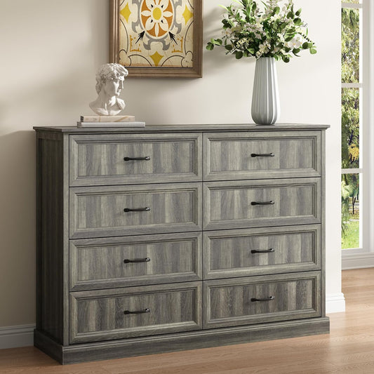 CARPETNAL Farmhouse 8 Drawer Dresser for Bedroom, 55 Inch Wide Modern Grey Dresser TV Stand with Large Drawers & Bar Handles, Rustic Wood Chest of Drawers for Bedroom, Living Room, Hallway, Entryway.