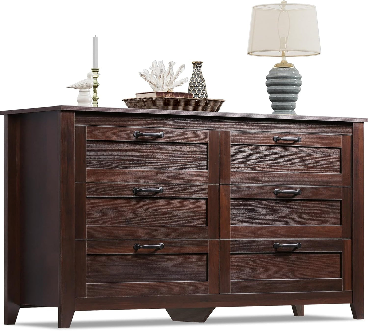 WLIVE Wood Dresser for Bedroom, Double 6 Drawer Dresser with Metal Handle, Large Wooden Chest of Drawers for Living Room, Hallway, Closet, Rustic Brown