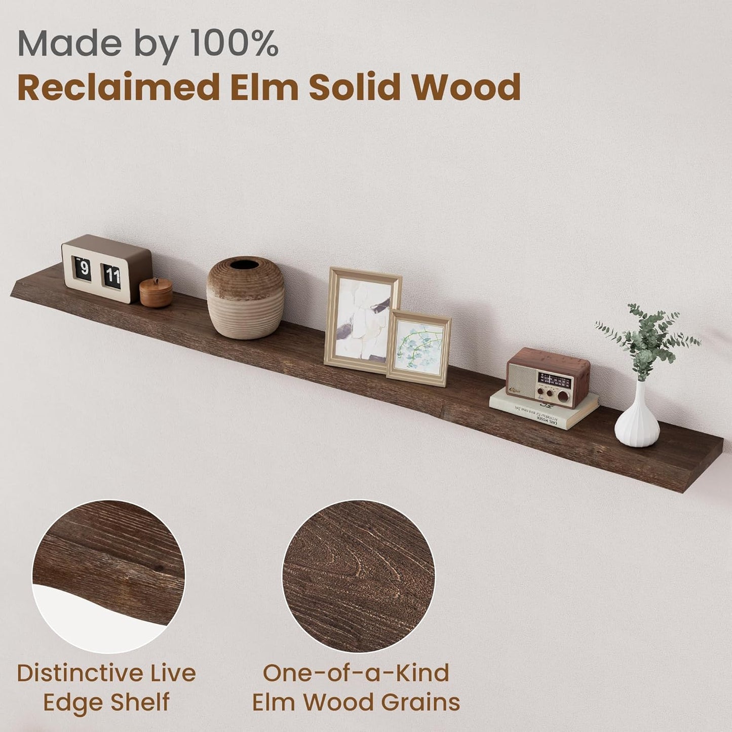 Floating Shelves for Wall Decor, Rustic Solid Elm Wood Floating Shelves Wall Mounted, Wall Shelves with Invisible Bracket for Living Room Bathroom Bedroom Kitchen, 72 Inch, Walnut