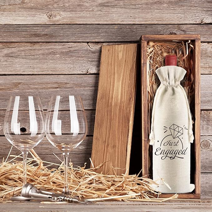 PLIGREAT 4 Pcs Cotton Linen Wine Bags, Reusable Wine Gift Bags with Drawstrings, Wine Bags for Wedding Engagement Party Bachelorette Party Congrats Gifts Bags Just Engaged Quote Wine Bottle Bags Bulk