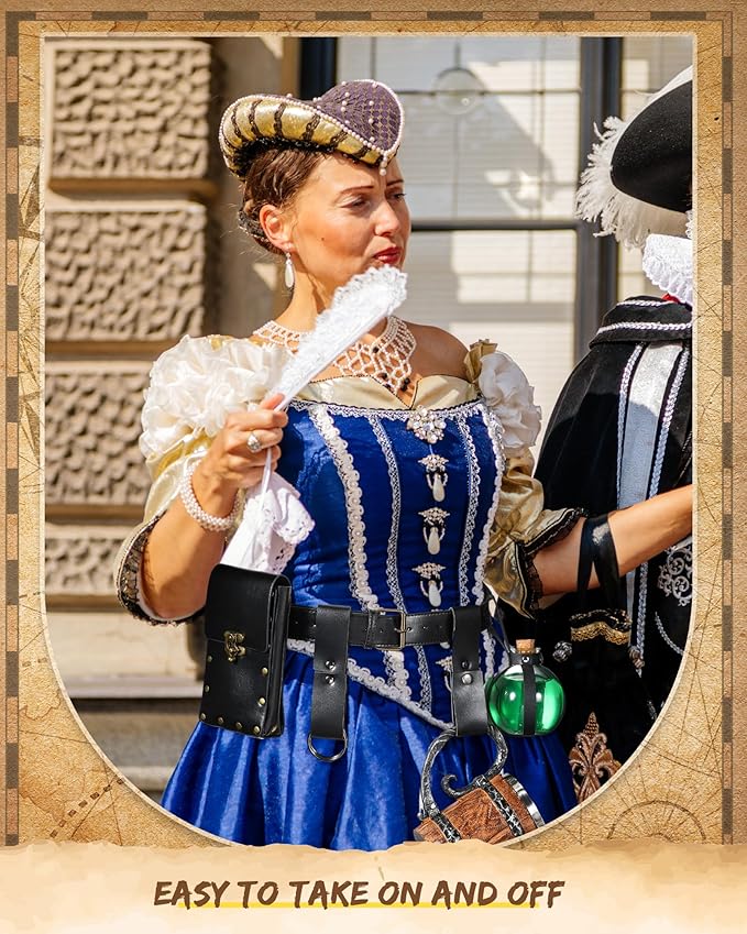 Sweetude 5 Pcs Renaissance Cosplay Accessory Belt Pouch Waist Bag Medieval Skirt Hike Vintage Mug Strap Festival Cork Potion Bottle Leather Belt for Halloween Party DIY Crafts Costume (Black)