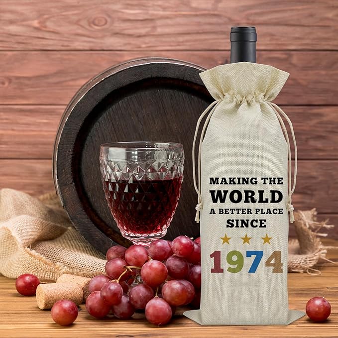 Sazuwu 1974 Birthday Gifts for Her Him Wine Bag Happy 50th Birthday Gifts for Women Men Wine Bottle Decoration Bag 50 Year Old Birthday Gifts for Grandpa Grandma Turning 50 Gifts Wine Accessory Gifts