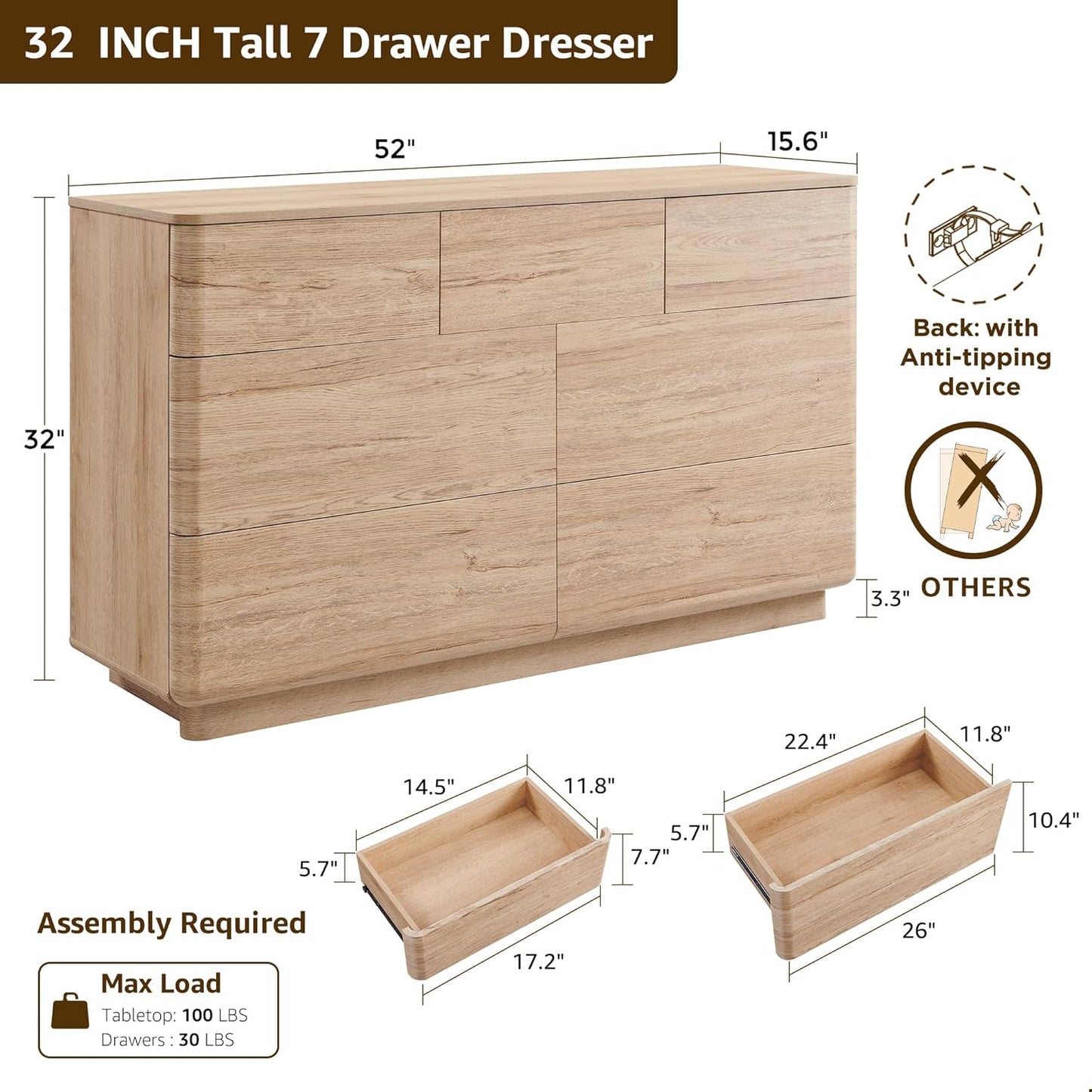 Modern 7 Drawer Dresser for Bedroom, 52" Wide Handleless Chest of Drawers, Large Push-to-Open Wood Storage w/Curved Profile, Dresser TV Stand for Bedroom, Living Room, Hallway, Natural Oak