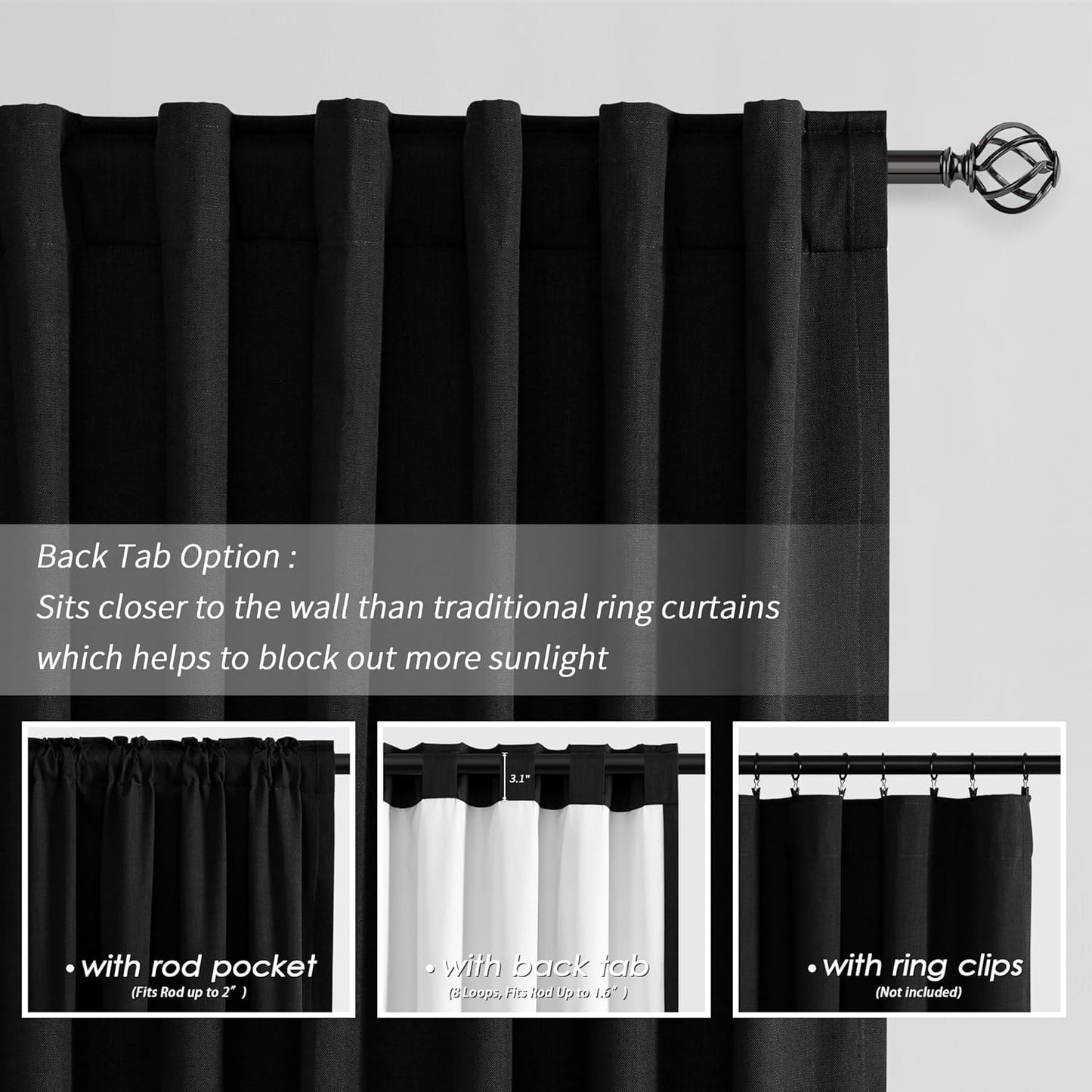 BOODII 63 Inch Blackout Curtains Black Linen Black Out Curtains for Bedroom 2 Panels Set Modern Room Darkening Curtain Thermal Insulated Curtain for Winter Window Drapes Back Tab 52x63