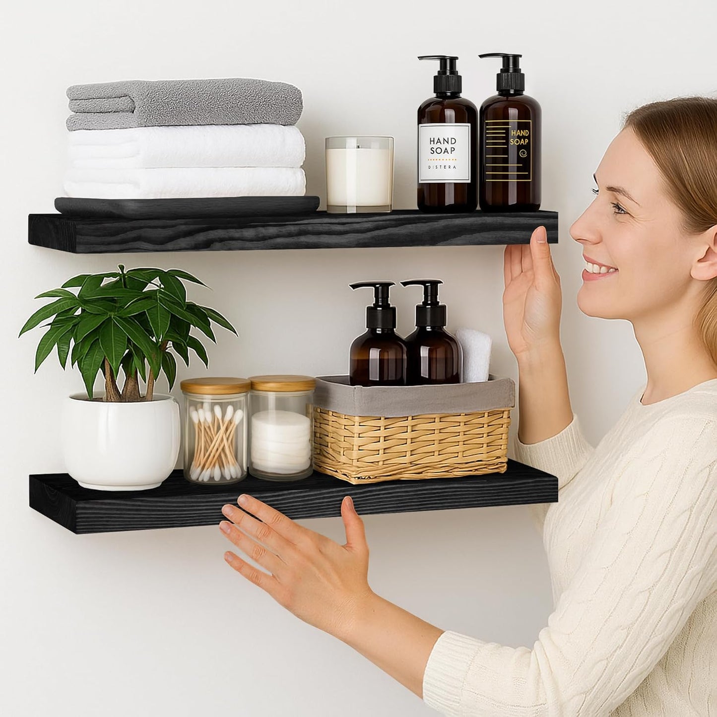 BGMG Wood Floating Shelves for Wall 30 inch Set of 2,Black Floating Shelves,Solid Wood Wall Mount Shelves for Bathroom Living Room Bedroom Kitchen Farmhouse -30x 6.7 x1.25 inch