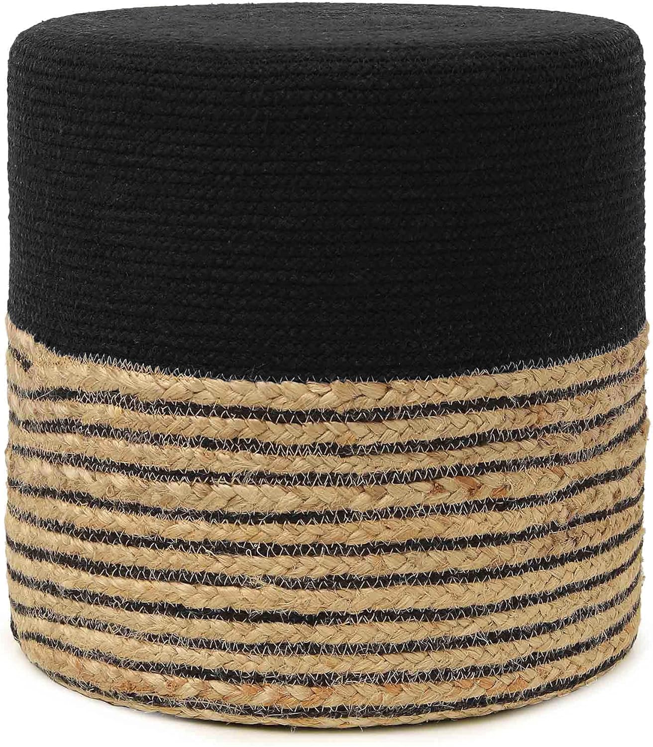 REDEARTH · Cylindrical Pouf Ottoman - Braided Pouffe Accent Sitting Round Footrest for Living Room, Bedroom, Nursery, kidsroom, Patio, Gym; 70% Cotton 30% Jute, (14.5x14.5x16; Black Natural)