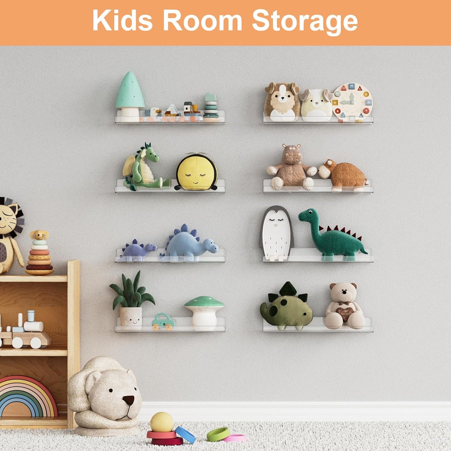 upsimples 8 Pack Acrylic Shelves Wall Organizer and Storage, 15" Display Shelf for Figure, Toy Cars, Perfume, Kids Bookshelf for Bedroom, Nursery, Craft Room, Clear