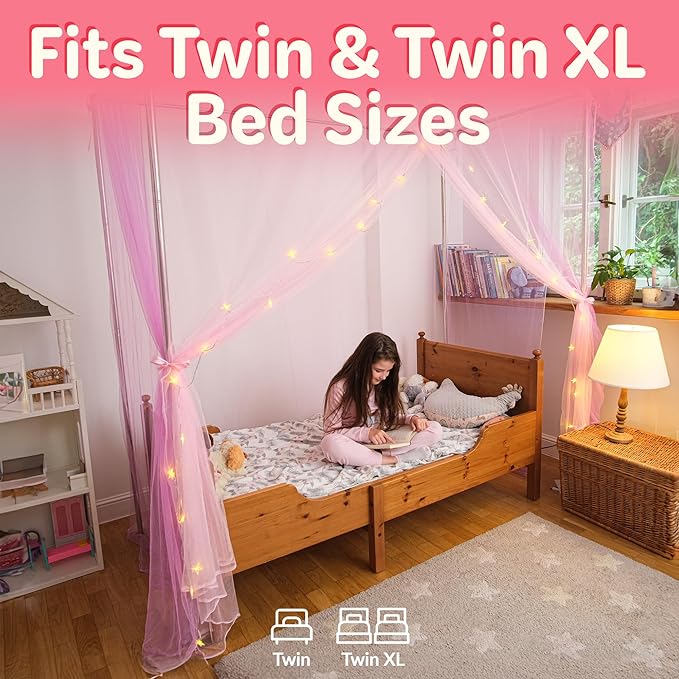 Canopy Bed Curtains with Lights, Twin Princess Bed Canopy For Girls, Pink & Purple | Fits Twin & Twin XL | Bed Curtains From Ceiling Or Bed Frame, Bed Curtains, Bed Canopies & Drapes, Princess Canopy