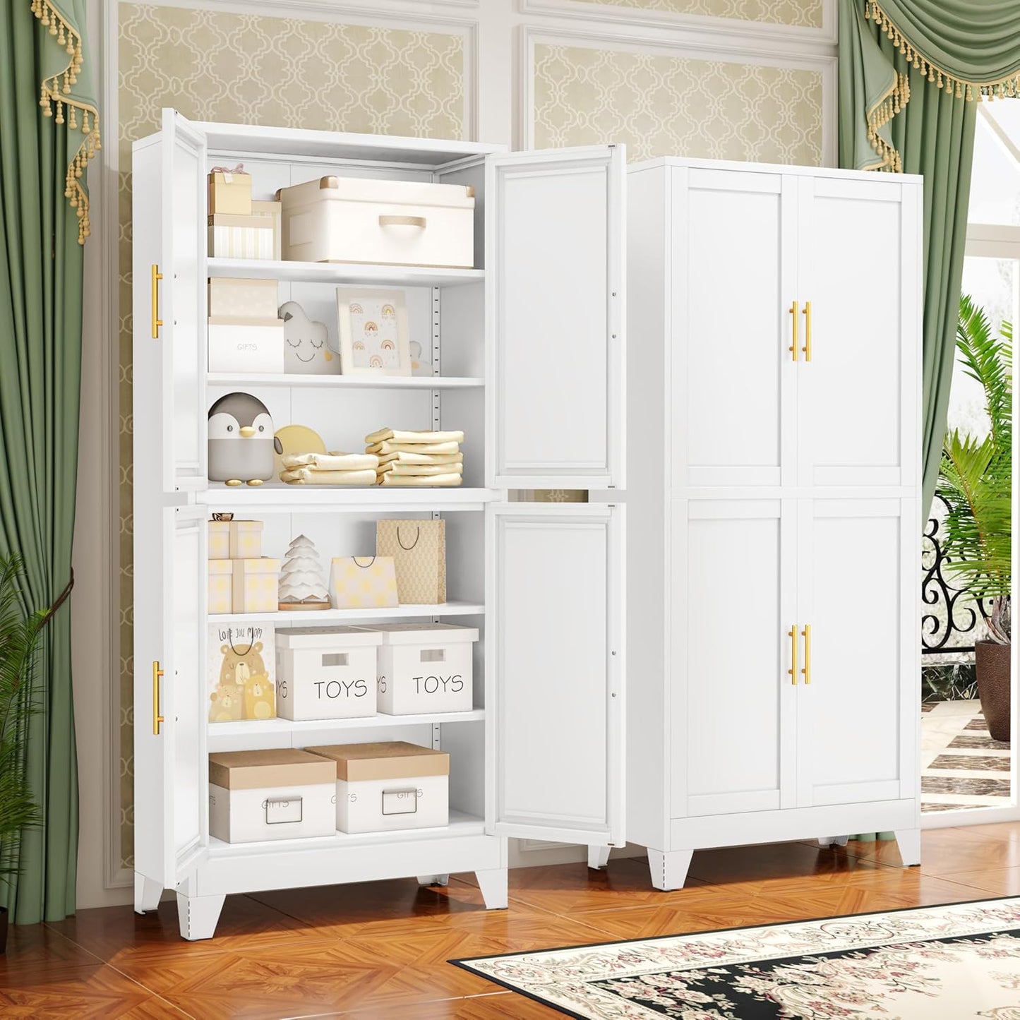 75.2" Tall Metal Pantry Cabinet, Kitchen Pantry Storage Cabinets with 4 Door and 4 Adjustable Shelves, White Storage Cabinet, Freestanding Cupboard for Kitchen Dining Room Living Room Bathroom