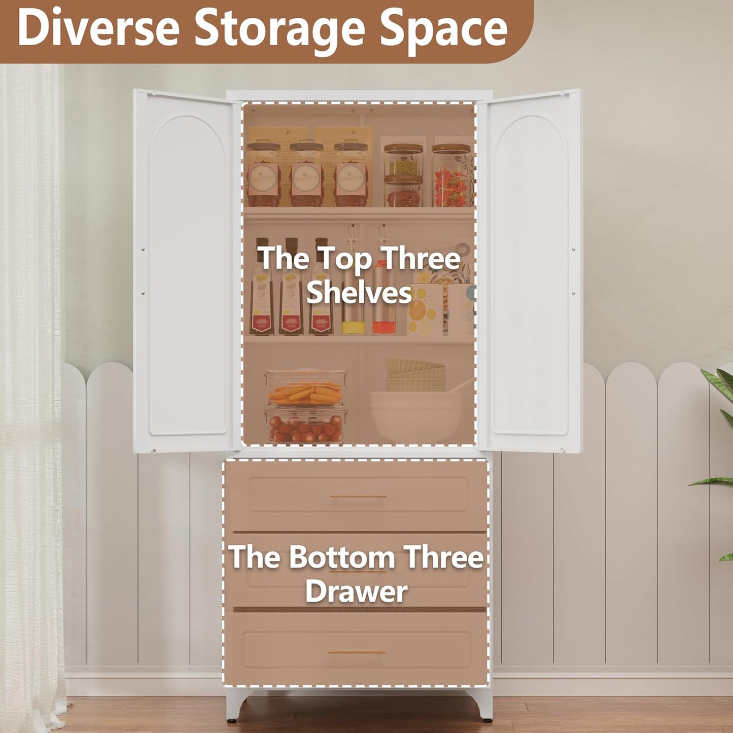 Kitchen Pantry Cabinet, 75" Tall Pantry Cabinet with Three Drawers, Freestanding Food Cupboard with Doors and Shelves, Metal Storage Cabinets for Dining, Living Room, White, Assembly Required