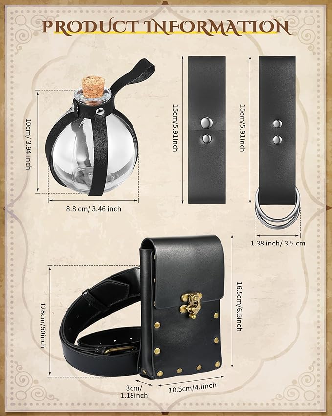 Sweetude 5 Pcs Renaissance Cosplay Accessory Belt Pouch Waist Bag Medieval Skirt Hike Vintage Mug Strap Festival Cork Potion Bottle Leather Belt for Halloween Party DIY Crafts Costume (Black)