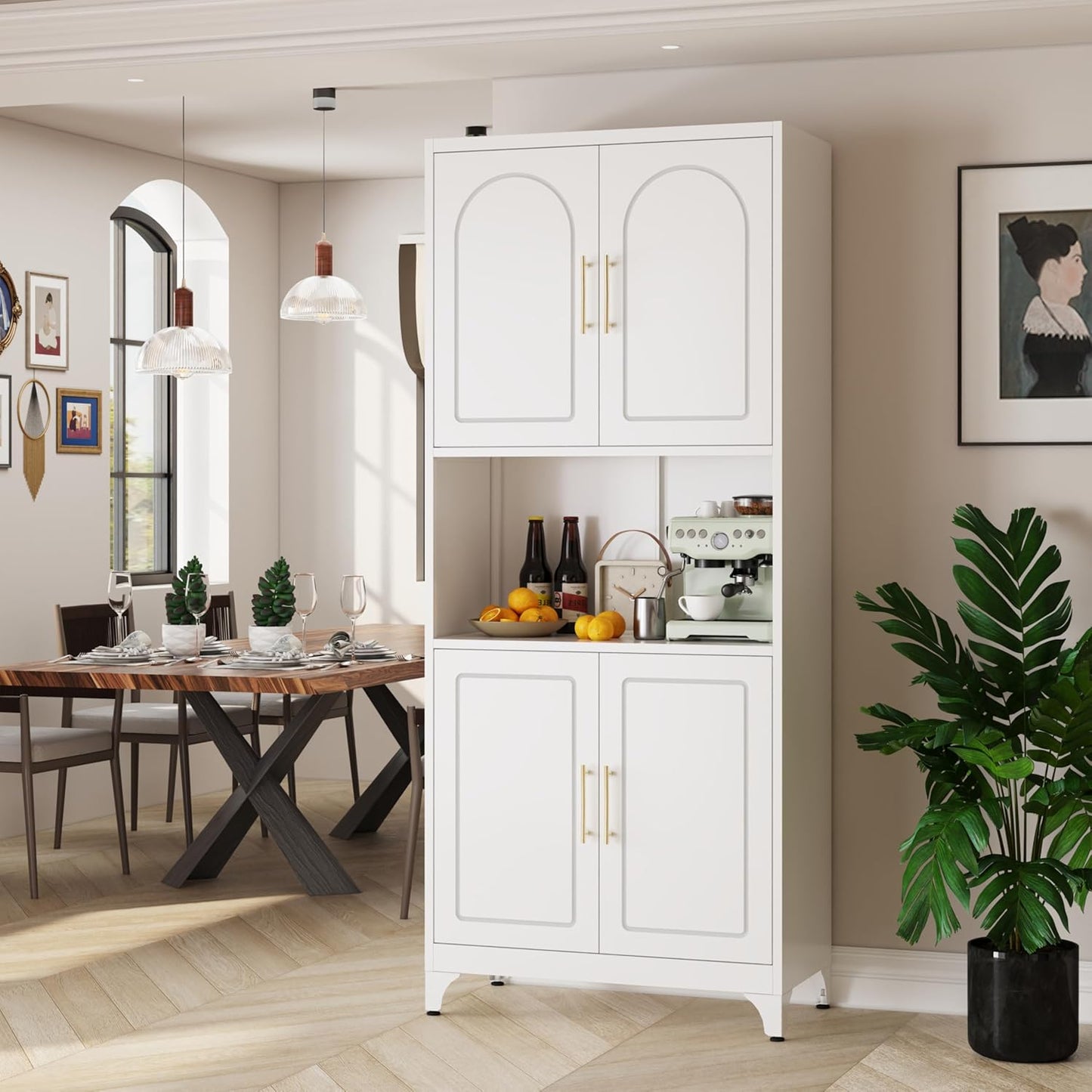 75" Tall Kitchen Pantry Storage Cabinet, Metal Storage Cabinets with 4 Doors and Adjustable Shelves，White Kitchen Hutch Cabinet with Microwave Stand, Large Cupboard for Dining Living Room